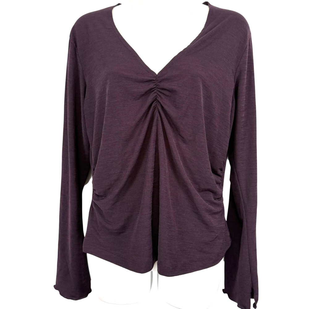 Studio Y Womens Y2K Plum V-Neck Long Flare Sleeve Top Shirt Stretch sz XL